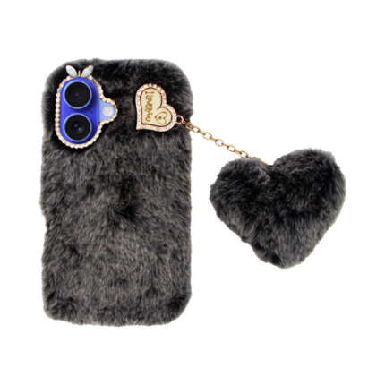 Vivid Fluffy Plush Case with Heart-Shaped Chain Apple iPhone 16 Grey/Black