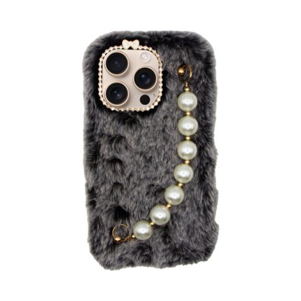 Vivid Fluffy Plush Case with Pearl Chain Apple iPhone 16 Pro Grey/Black