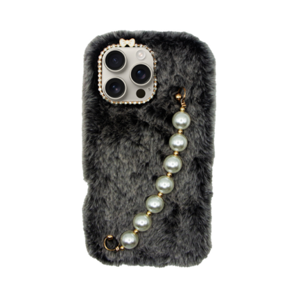 Vivid Fluffy Plush Case with Pearl Chain Apple iPhone 16 Pro Max Grey/Black