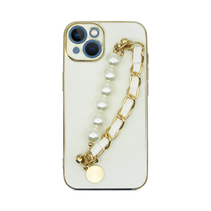Vivid Silicone Case Pearl Chain Holder Apple iPhone 13 White/Gold