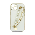 Vivid Silicone Case Pearl Chain Holder Apple iPhone 15 White/Gold - Image 2